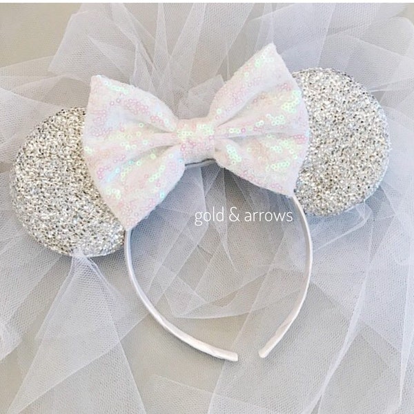 Bride Minnie Ears Headband, White Minnie Bride Ears, Bride Mickey Ears, Bridesmaid Mickey Ears,  Mickey Bachelorette, Mickey Veil Ears