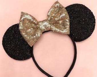 Gold Mickey Ears, Gold Minnie Mouse Ears, Sparkly Gold Mickey Ears Headband, Sparkle Gold Mouse Ears, Sparkle Gold Minnie Ears - Minnie Gold