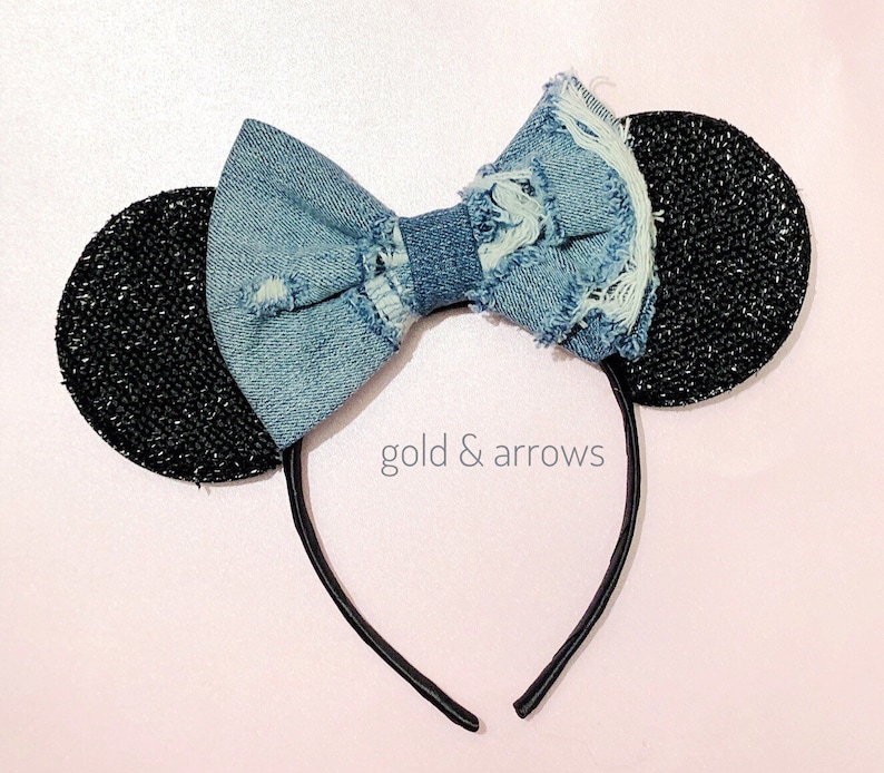 Mouse Ears Mickey Mouse headband Minnie Ears Distressed Jean Mickey Ears Headband Bandana Bow Mouse Ears Headband