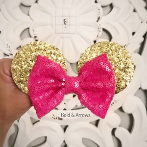 Gold and Pink Minnie Bow, Mouse Ears Headband, Minnie Headband, Mouse Ears headband, Mouse Trip, Minnie Party, Sequin Bow, Glitter