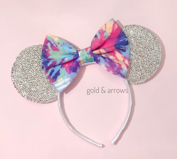 Minnie mouse sequin ears headband with a tie-dyed bow . New Disney Minnie Mouse Black Sequin Ears Headband Tie Dye Bow  main image 3