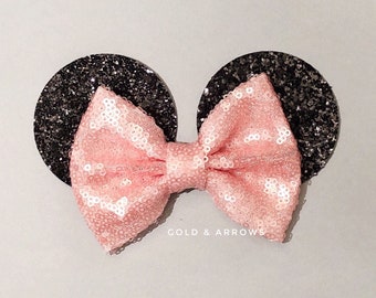 Blush Minnie Bow, Mouse Ears Headband, Minnie Headband, Mouse Ears headband, Mouse Trip, Minnie Party, Sequin Bow, Glitter Bow Minnie Mouse