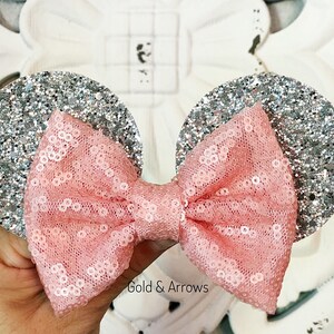 Blush Minnie Bow, silver & Blush Mouse Ears Headband, Minnie Headband, Mouse Ears headband, Mouse Trip, Minnie Party, Sequin Bow, Glitter