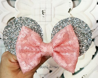 Blush Minnie Bow, silver & Blush Mouse Ears Headband, Minnie Headband, Mouse Ears headband, Mouse Trip, Minnie Party, Sequin Bow, Glitter