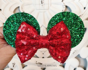 Red Mouse Ears Headband, Christmas Minnie Headband, Mouse Ears headband, Mouse Trip, Minnie Party, Sequin Bow, Glitter