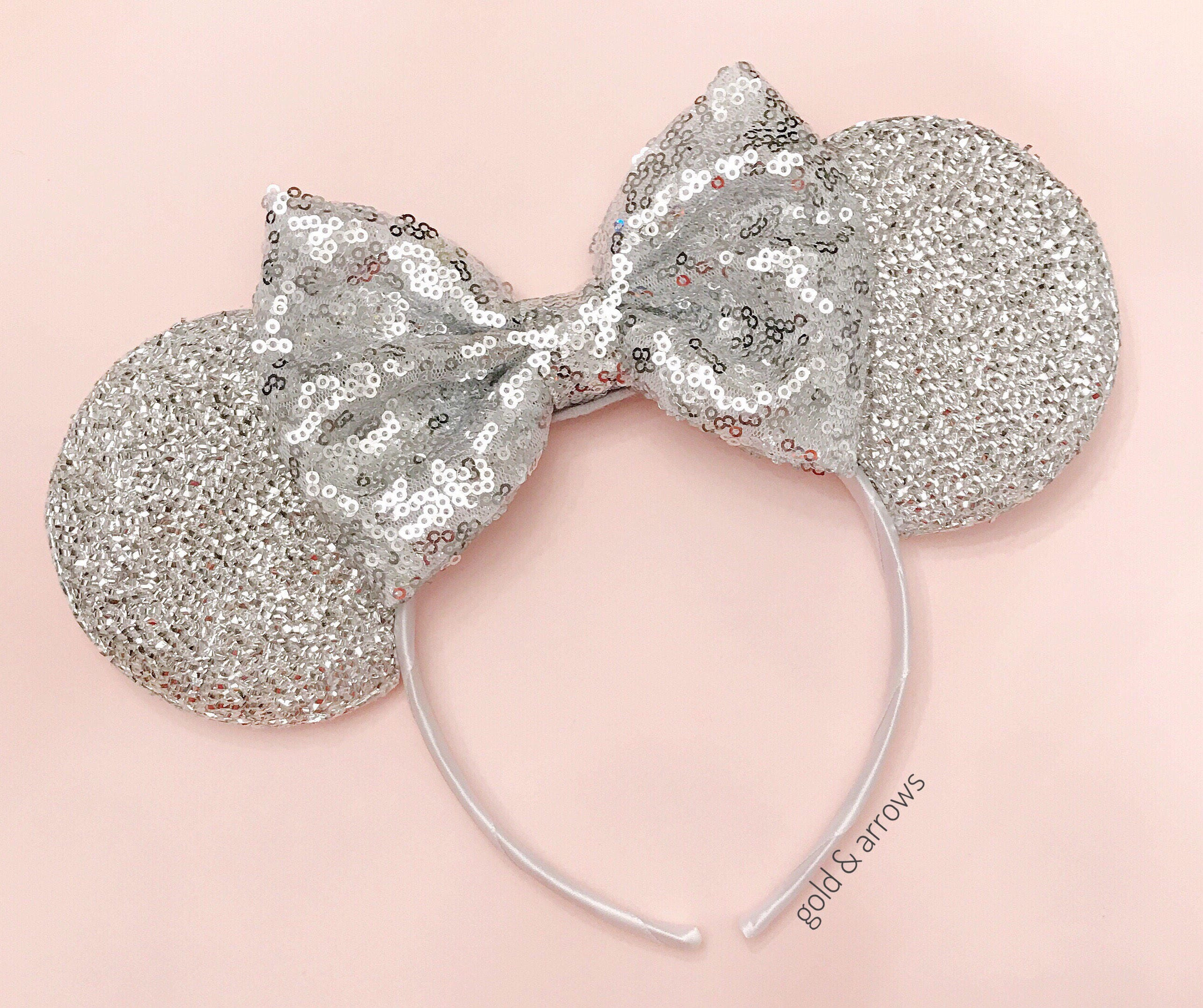 Minnie Mouse Sparkly Silver Ear Headband Silver Sequin Bow Bridal Disney Wedding Minnie Mouse Sparkly Silver Ear Headband Silver Sequin Bow Bridal Disney Wedding