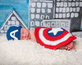 Crochet Baby Boy Marvels Captain America Newborn Photo Prop outfit, Captain America Shield. 7-9 day lead time