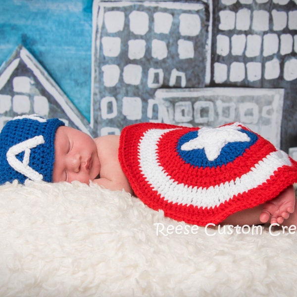 Crochet Baby Boy Marvels Captain America Newborn Photo Prop outfit, Captain America Shield. 4-5 day lead time