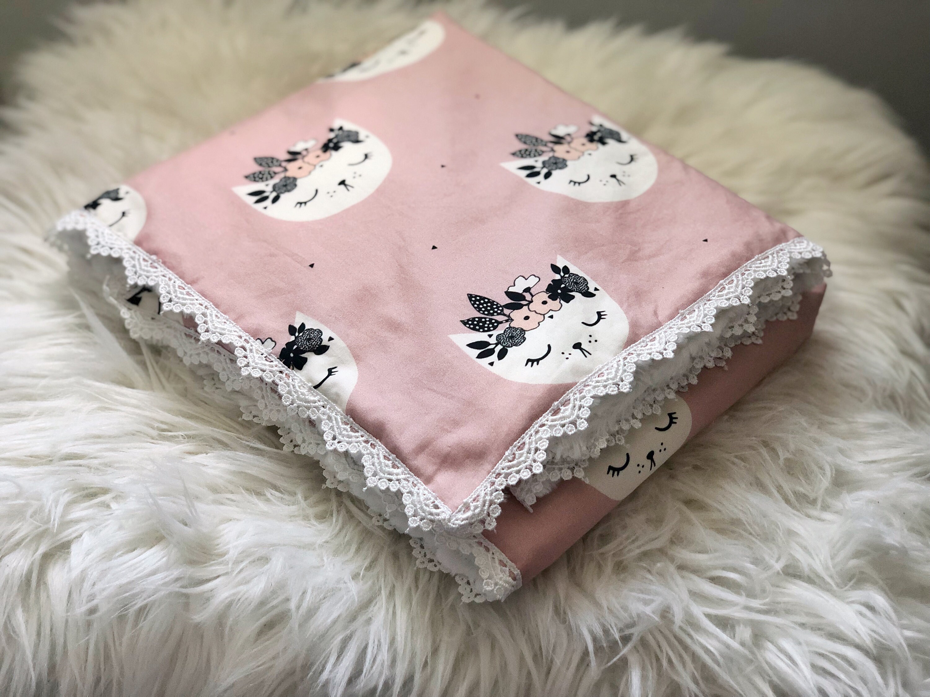 Pink cat baby blanket with lace trim lined with white minky Etsy