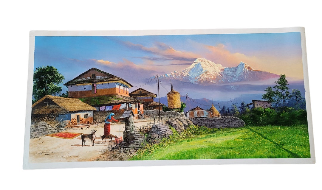22x48 Realistic Art Handpainted Nepal Himalayas/mountain Village Scenery Fine Arts Etsy