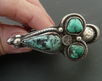 Antique Tibetan Turquoise Earring: Sterling Silver Ethnic Jewelry