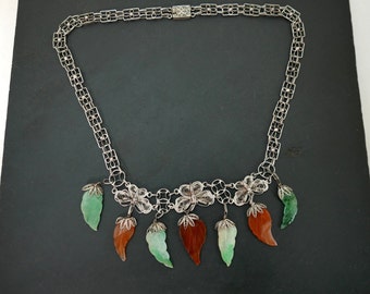 Vintage Chinese Export Silver Choker: Jade Carnelian Leaf Pendants