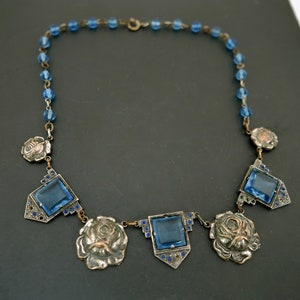 Antique Czech Glass Necklace, Bohemian Blue Glass Choker, Art Nouveau Vintage Jewelry