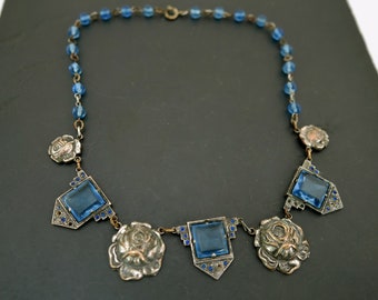 Antique Czech Glass Necklace, Bohemian Blue Glass Choker, Art Nouveau Vintage Jewelry