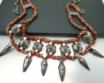 Antique Ladakh Silver Choker: India Tribal Necklace with Turquoise Coral