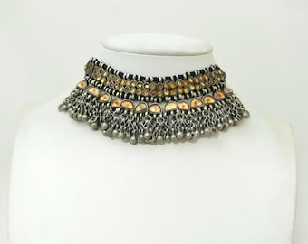 Vintage Katesari Silver Choker Necklace, Uttar Pradesh Indian Jewelry, Foil Glass