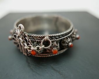 Old Coral Silver Cuff Bracelet: Tunisian Berber Filigree Jewelry