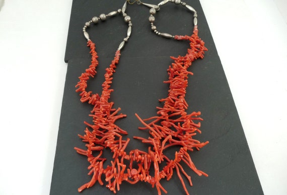 Vintage Native American Style Branch Coral Necklace, 97 G Double Strand Red  Salmon Coral, Sterling Bench Beads Long Necklace, Tribal Jewelry 
