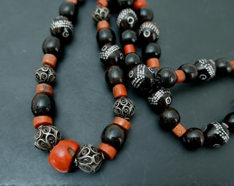 Vintage Yemen Silver Inlaid Black Coral Necklace, Mediterranean Red Coral