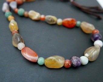Colorful Natural Stone Necklace, Vintage Agate Stones, CarmaPearls Original Jewelry
