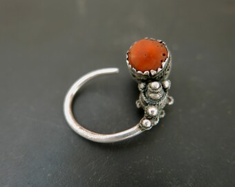 Old Kabyle Earring,  Silver and Mediterranean Coral, Single Earring, Algerian Berber, Vintage Tribal Jewelry