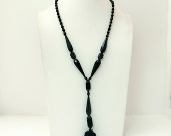Art Deco French Jet Glass Bead Necklace: Vintage Pompom Pendant
