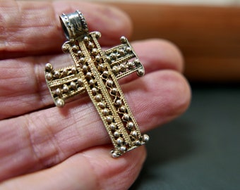 Antique Ethiopian Orthodox Coptic Silver Cross , Goldwashed Filigree Silver Pendant,  African Vintage Tribal Jewelry