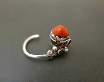 Vintage Berber Coral Earring: Enameled Silver, Algerian Tribal Jewelry