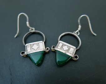 Vintage Tuareg Sterling Silver Earrings: Etched Ethnic Glass Drops