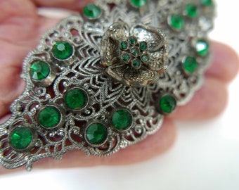 Art Deco Brooch, Czech Green Glass Metal Brooch, 1920's, Vintage Jewelry