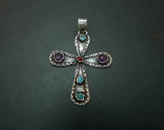 Vintage Mexico Sterling Silver Cross: Amethyst, Turquoise & Coral