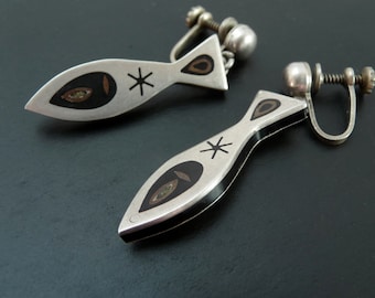 Vintage Taxco Sterling Silver Fish Earrings: Onyx Copper Inlay, 1940s Modernist Design