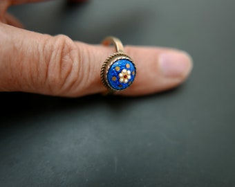 Vintage French Bressans Enamel Ring: Vermeil Silver Flower, Size 16 mm, 5 3/8 US