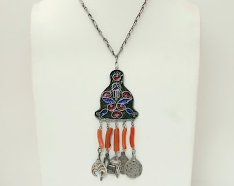 Tunisian Berber Hamsa Necklace: Coral, Enameled Silver, Ethnic Jewelry