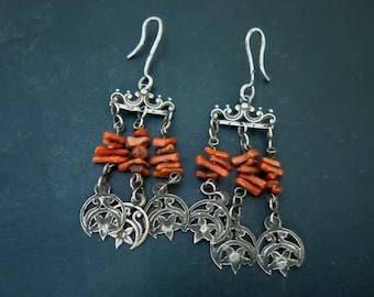 Antique Berber Coral Earrings: Tunisian Silver Chandelier Tribal Jewelry