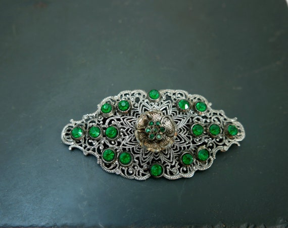 Broche Vintage Art Déco En Strass Et Métal Argenté - Bijou Ancien - Occasion - France