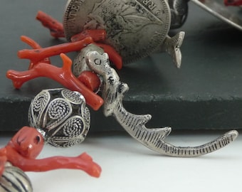 Antique Guatemala Coral Chachal Necklace: Silver Coins & Bird Pendants
