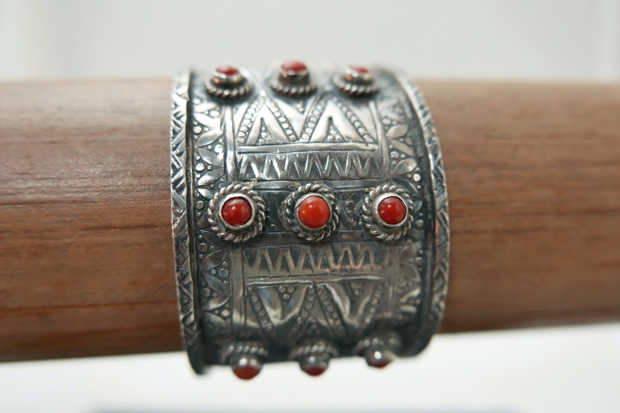 Bracelet Argent Sterling Et Corail Ethnique Art Déco Vintage - Occasion
