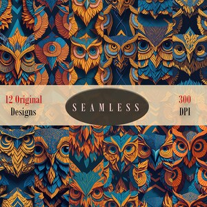 May include: A seamless pattern featuring a repeating design of owls with intricate details. The owls are in shades of blue, orange, and brown, with a geometric background. The text "12 Original Designs" and "300 DPI" is included in the image.