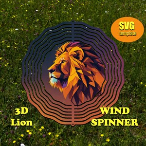 May include: A 3D lion wind spinner SVG template. The design features a geometric lion head with a colorful gradient of orange, yellow, and purple. The text "3D Lion" and "Wind Spinner" is displayed below the image.
