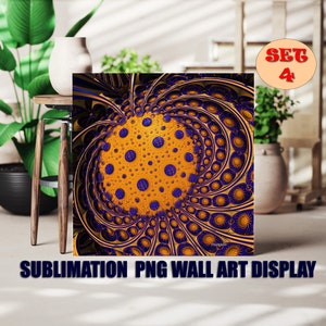 Op de afbeelding: Abstracte digitale kunstprint met een draaiend patroon van blauw en goud. Het midden van het ontwerp heeft een grote cirkel met een textuur. De print is gelabeld "Set 4".