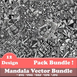 May include: A digital download pack of 12 black and white mandala vector designs. The designs are intricate and geometric, with a variety of shapes and patterns. The pack includes SVG, PNG, DXF, EPS, and JPG files.