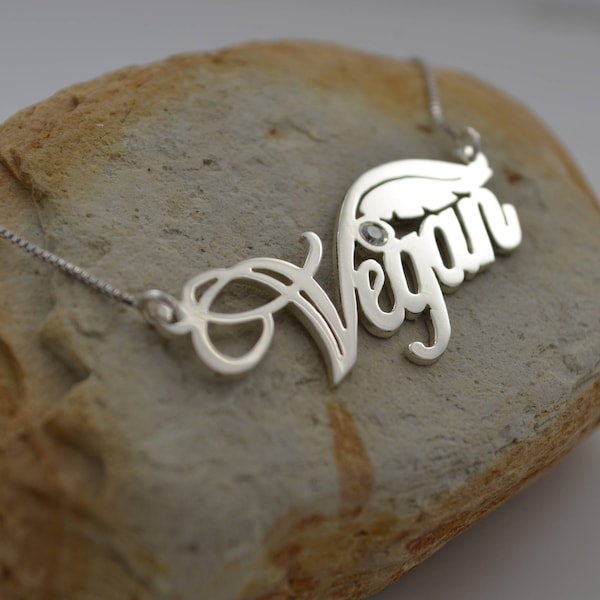Vegan Necklace Vegan Symbol with Birthday Stone Sterling Silver 925 Vegetarian