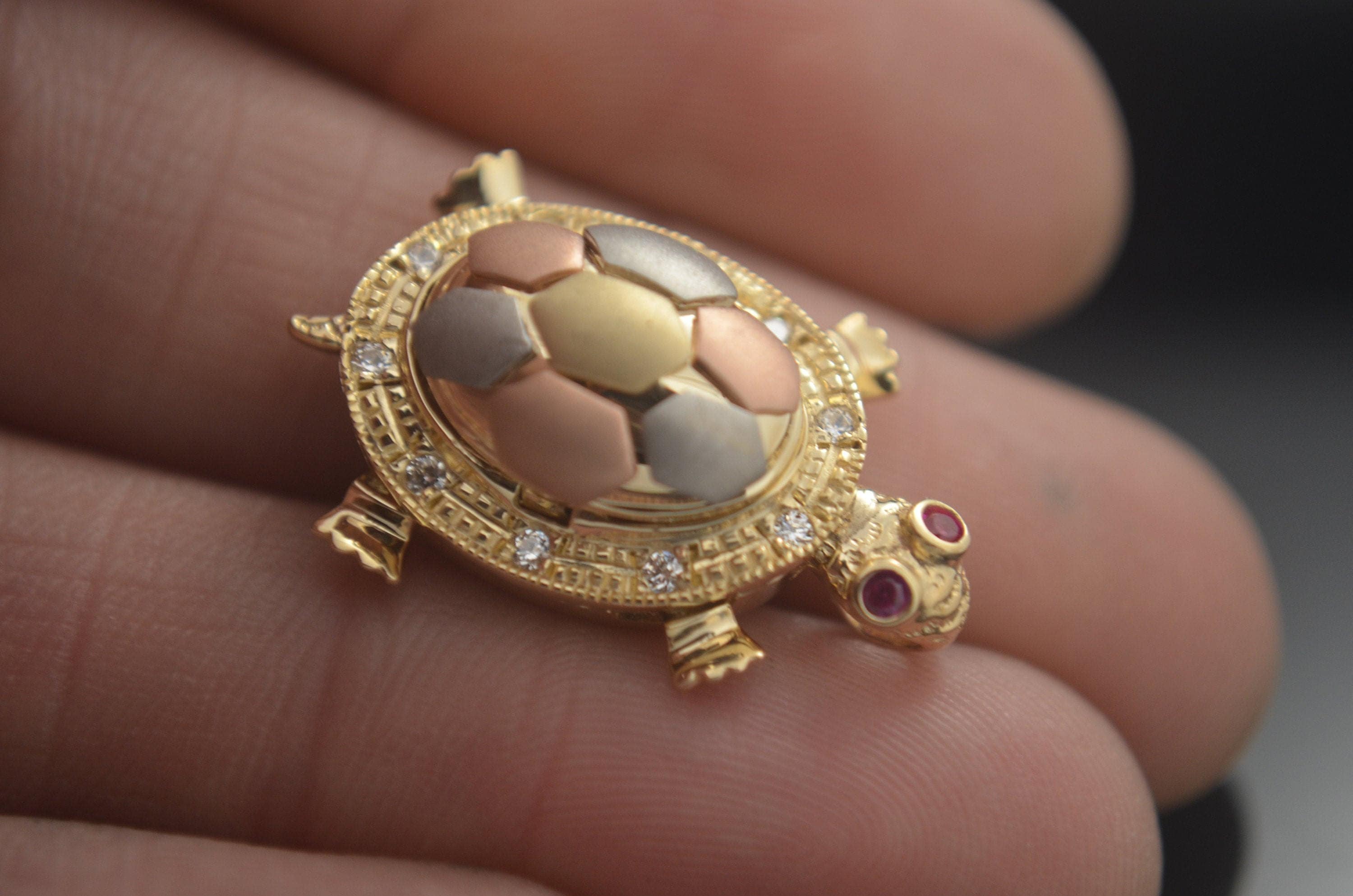Turtle Pendant Good Luck Baby Turtle Inside Locket Pendant 14k Gold Tri color Etsy