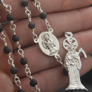 Santa Muerte Rosario Sterling Silver .925 lava stone beads / Holy Death Rosary Sterling .925