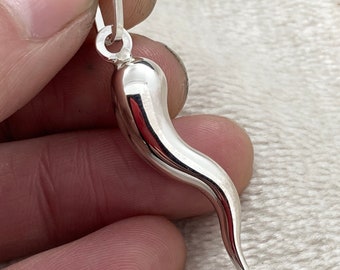 Cornicello Italian horn 33mm Pendant 14k White Gold  (solid item)