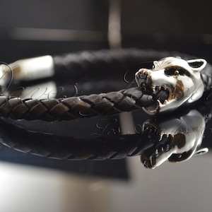 Wolf Bracelet Sterling Silver .925 Genuine Leather Braided 6mm Hand Made