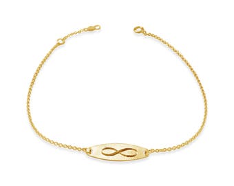 14k Gold Eternity Bracelet, 14K SOLID Yellow Gold, Personalized Jewelry, Oval Disc Bracelet, Engraved Yellow Gold Bracelet, Infinity Symbol