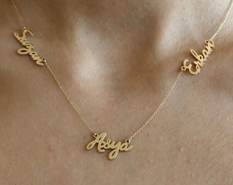 Personalized Family Love Necklace, 14k SOLID Gold, Tiny Nameplates, Modern Script, Personalized, Family Tree, Gift, Jewelry, Mom Necklace