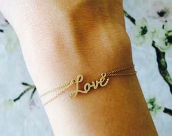 14k Solid Gold Love Bracelet, Custom Name Bracelet, Dainty Bracelet, Modern Script, Love, Name Plate Bracelet, Nameplate, Gift, Fine Jewelry